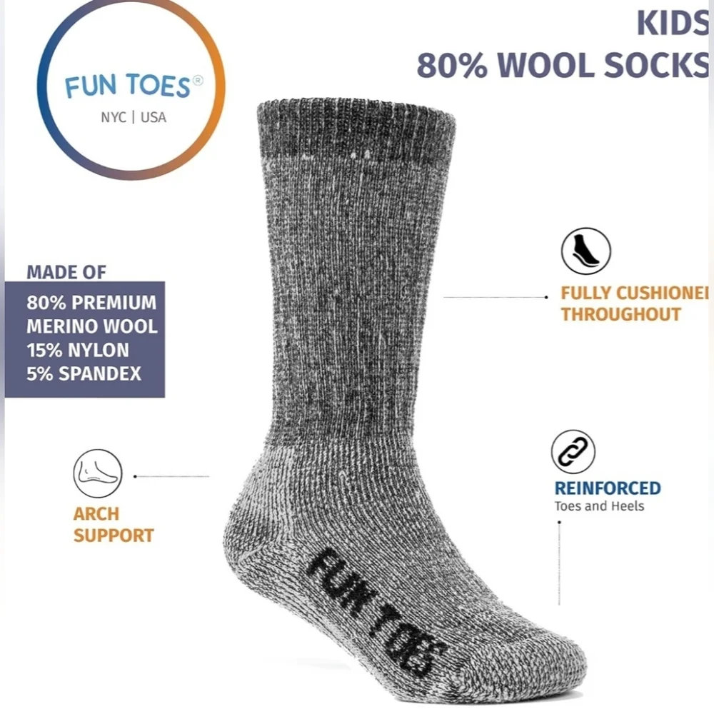 Nwt 3 Pair Merino Wool Fun Toes Kids Socks Cushioned Skiing Hiking Winter Snow